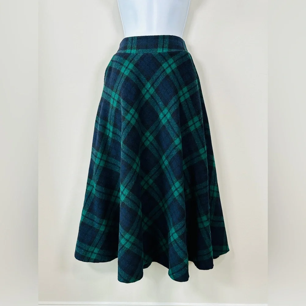 Vintage Green & Blue Plaid A-line Circle Skirt With Pockets Size S